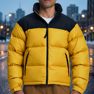 Men's Yellow Black Color Block <b>Puffer</b> <b>Jacket</b> Windproof Zipper Closure Stand Collar Casual Winter Outerwear Thick Polyester Shell - Product Image 3