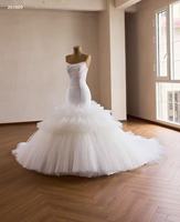 Robe de mariée sirène élégante en tulle de haute qualité, col rond, sans manches, avec dentelle et plis lourds