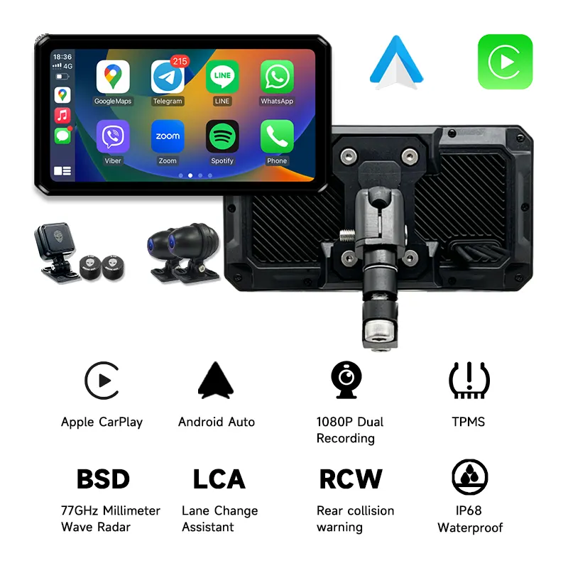 Moto CarPlay Android Auto AlienRider M2 Pro navigazione doppia registrazione Dash Cam con 6 pollici Touch Screen 77GHz Radar