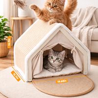 Niches pour chat en bois massif 2-en-1 toutes saisons, lit et maison pour chat en bois naturel, toit en sisal en forme de coquille semi-fermé