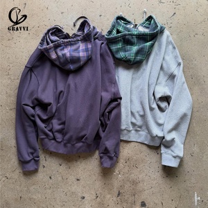 Sweat à capuche surdimensionné personnalisé avec fermeture éclair intégrale, en polaire 450 GSM, à carreaux contrastants, patchwork, style streetwear, OEM ODM - Product Image 2