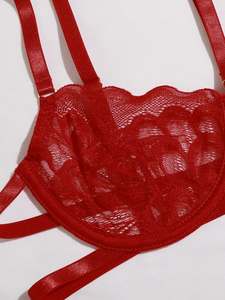 Nieuwe rode halternek 2-delige bh en stringset met beenband, gehaakt shapewear met uitgewerkt decor en strikdesign - Product Image 3