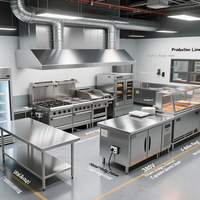 Ensemble de cuisine pour chaîne de restauration rapide Zhonghui, 5m de long, finition mate brossée, pieds réglables en hauteur, autoportant, capacité de charge de 1000 kg/m