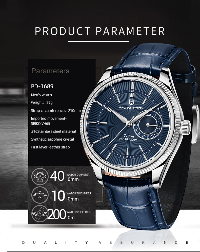 PAGANI DESIGN Top Brand Men Quartz Wristwatches Fashion Sapphire Glass Business Watches Waterproof Genuine Leather Watches