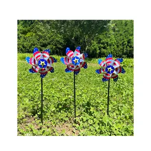 Garden Lawn Outdoor Independence Memorial Day Patriotic Reflective Pinwheels Windmill American Flag Stars Wind Spinner