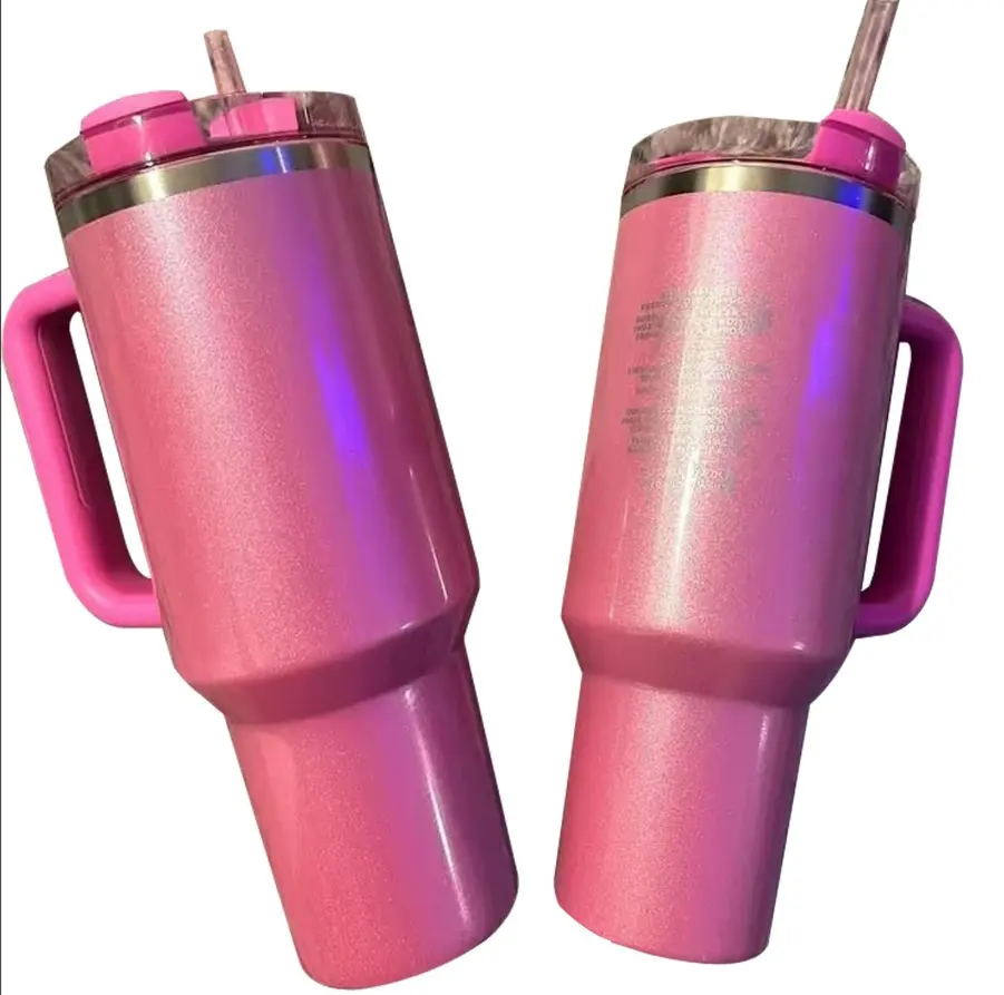 Tumbler da viaggio in acciaio inox da 40 once rosa glitterato tazza da caffè con paglia e manico e coperchio pieghevole