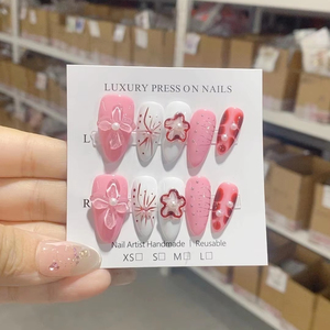 <span class=keywords><strong>Uñas</strong></span> Acrílicas Francesas 3D, Estilo Princesa Dulce y Linda, Removibles, Reutilizables, Forma Almendrada y Ataúd, Hechas a Mano - Product Image 1