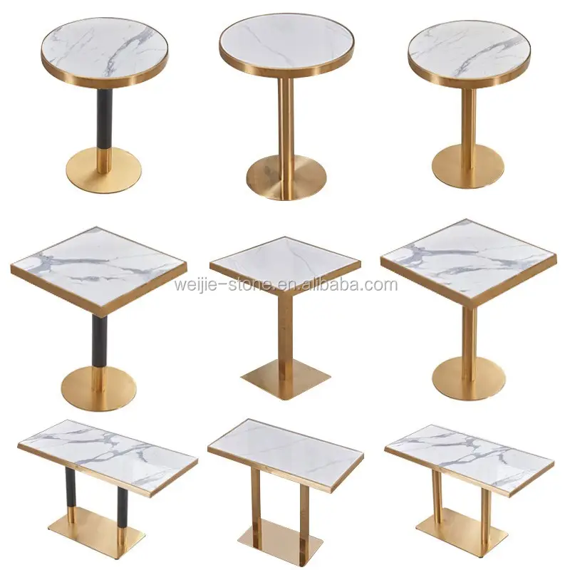 Table moderne restaurant de luxe en acier inoxydable base dorée et table à manger ronde en marbre naturel