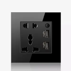 5V 2.1A Dual USB Charger Port 5 Hole USB Wall Power Socket, Switch control 13A Global Universal,Glass Panel