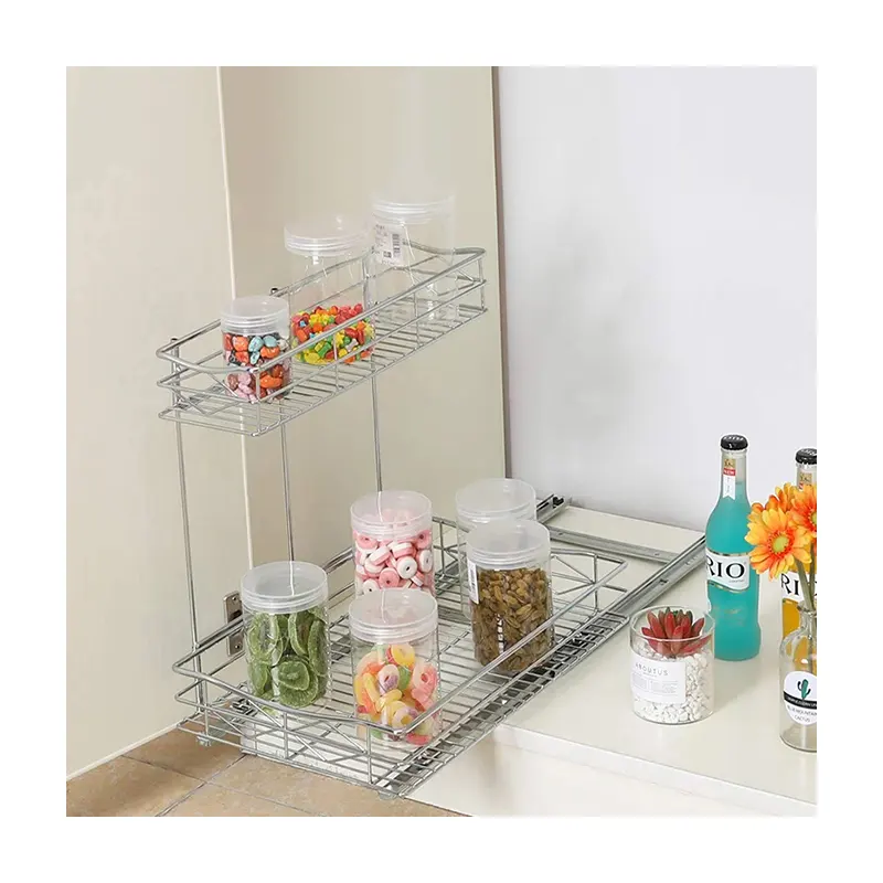 Sturdy Stable Metal Kitchen Cabinet Under Sink Organizers And Storage 2 Tiers Sliding Cabinet Basket Drawer Easy Installation