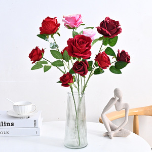 Roses artificielles en velours à 3 têtes, fleurs artificielles multi-tiges pour mariage, vase et décoration intérieure, vente en gros - Product Image 1