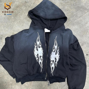 ผู้ผลิตเสื้อผ้า เสื้อฮู้ดดี้ทรงบ็อกซี่แบบครอป ซิปหน้า ผ้าคอตตอนหนา 420-500gsm ล้างสีแบบกรด พิมพ์ลายกราฟิกตามสั่ง สำหรับผู้ชาย - Product Image 3