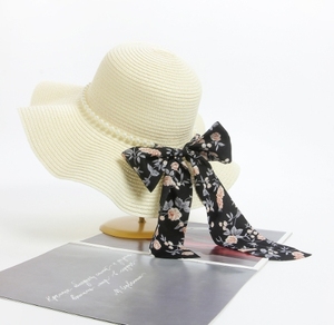 Chapeau de paille décontracté en gros pour femmes, protection solaire, voyage en plein air, plage, chapeau de soleil avec nœud perlé - Product Image 3