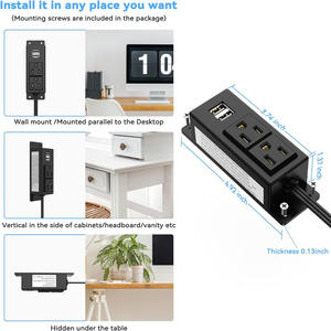 DN 6.56FT Enchufe plano 2AC Regleta de alimentación con 2 puertos de carga USB Toma de corriente ABS montable en pared - Product Image 4