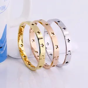 Vente en gros de bijoux de mode simples personnalisés en acier inoxydable plaqué or 18 carats bracelet creux pentagramme étoile pour femmes