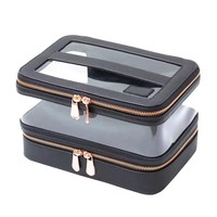 Sac à cosmétiques double couche Porte-pinceaux Sac à maquillage noir Fermeture éclair transparente Sac à cosmétiques en cuir PU PVC avec poignée