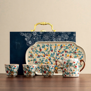 Juego de Té <span class=keywords><strong>Kung</strong></span> <span class=keywords><strong>Fu</strong></span> de Bambú, Tetera de Cerámica Ecológica de Alta Gama para Oficina, Taza de Té, Bandeja con Diseño Floral, Caja de Regalo - Product Image 1