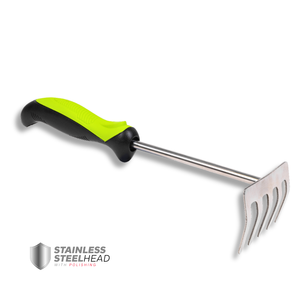 Râteau à main de jardin robuste en acier inoxydable à 5 dents avec poignée ergonomique souple pour le désherbage, le desserrage du sol et le nettoyage des feuilles - Product Image 1