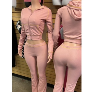 Viviblook Z905ST02 Women Set Hooded Tops Flare Pants Suits Waffle Texture Striped 2024 Autumn Casual Street Baddie 2 Piece Sets - Product Image 1