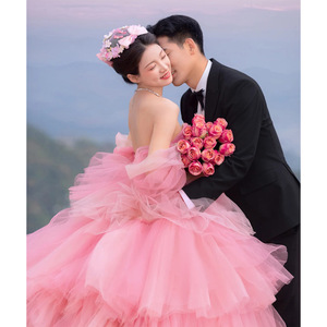 Mori Girl Style Pink Tulle Ball Gown Wedding Dress Strapless Empire Waistline With Train For Outdoor Photoshoot - Product Image 5