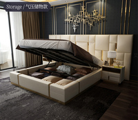 Lit en similicuir de luxe, taille Queen ou King, design rembourré doux avec rangement et sommier pour chambre à coucher