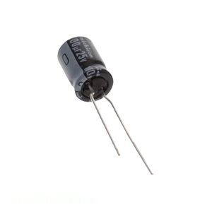 ตัวเก็บประจุแบบรูทะลุรุ่น UKL1E101KPD1TA ยี่ห้อ Manufacturer Channel ความจุ 100 ไมโครฟารัด ค่าความคลาดเคลื่อน 10% แรงดัน 25 โวลต์ แบบขาเสียบ - Product Image 1