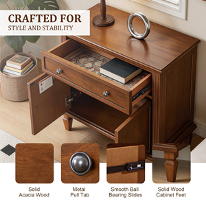 Comodino in Legno Stile Rustico con Cassetto, Mobiletto con Doppia Anta e Stazione di Ricarica USB - Product Image 5