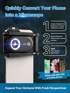 Objectif de <span class=keywords><strong>microscope</strong></span> de téléphone APEXEL 200X <span class=keywords><strong>Nano</strong></span> Zoom pour Android/iPhone avec lumière UV LED/Clip universel CPL - Product Image 2