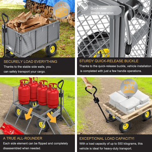 รถเข็นสวน 4 ล้อ ด้านข้างถอดออกได้ รับน้ำหนักได้ 550 กก. โครงเหล็กตาข่าย สำหรับสวน ลานบ้าน กลางแจ้ง ใส่ฟืน รถเข็นอเนกประสงค์ - Product Image 5