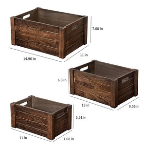 Lot de 3 caisses de rangement rustiques <span class=keywords><strong>en</strong></span> <span class=keywords><strong>bois</strong></span> brûlé, bacs <span class=keywords><strong>en</strong></span> <span class=keywords><strong>bois</strong></span> à lattes emboîtables avec poignées latérales pour jouets, livres, organisateur de maison de style campagnard - Product Image 2