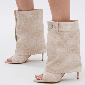 Botines de Mujer con Punta Abierta en Piel Texturizada Beige, con Tacón Alto y Detalle de Mezclilla, <span class=keywords><strong>Botas</strong></span> Modernas y Elegantes - Product Image 2
