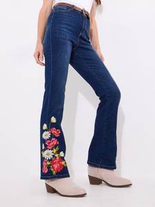 Pantalon en jean droit à jambes larges en coton vintage personnalisé imprimé broderie bleu foncé décontracté taille haute écologique jeans d'été - Product Image 2