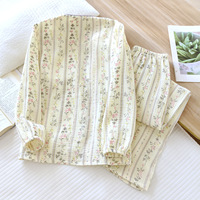Pyjama en coton lavé fin pour femme, col en V, taille élastique respirante, manches longues, longueur intégrale, en crêpe double épaisseur