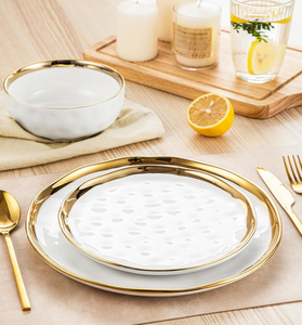 Juego de vajilla de lujo blanco con textura martillada y borde dorado, plato, tazón y platillo para hotel, restaurante, regalo de boda, venta al por mayor - Product Image 1