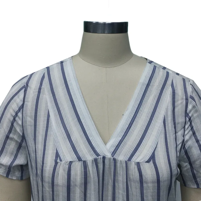 Blue And White Striped Lapel Collar Long Sleeve Fashion Women Dress