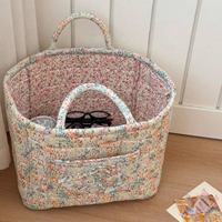Panier de rangement matelassé en tissu floral vintage avec doubles poignées, panier à linge en coton, étiquette personnalisée disponible, vente en gros