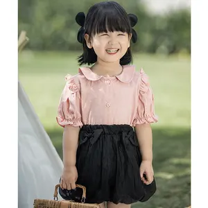 Wholesale Girl Summer Clothes Short Sleeve Little Girl Shirts Solid Sweet Puff Sleeve Girls Tops