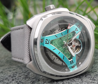 Reloj de Pulsera para Hombre, Esqueleto, Mecánico Automático, Correa de Silicona Cuadrada