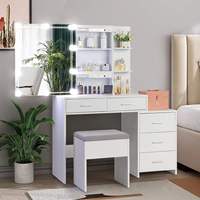 Ensemble coiffeuse moderne avec miroir LED modulaire 3 couleurs réglable, panneau en bois, chaise et 5 tiroirs pour chambre à coucher
