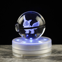 Pokeball en verre 3D en cristal K9 lumineux, dessin animé Pokemon Go, avec base optionnelle, pour cadeaux de Noël, lampe de nuit