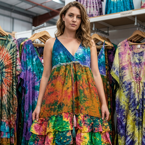 Tie Dye silk A-Line mini <b>Dress</b> V-Neck Spaghetti Strap Ruffles Handmade Summer Vacation Style Women's <b>Dress</b> - Product Image 1