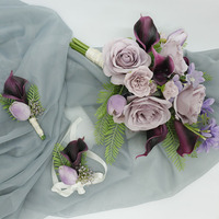 Set Buket Pengantin dan Bunga Bros Buatan Tangan dari Kain, Mawar, Calla Lily, Lavender Ungu, Bunga Pernikahan