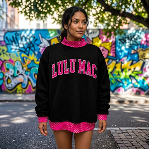 เสื้อสเวตเชิ้ตคอกลมแบบสั่งทำพิเศษ แรงบันดาลใจจาก Lulu Mac ผ้าฝ้าย 100% สำหรับฤดูใบไม้ร่วงและฤดูหนาว สีชมพูลายจุด แต่งขอบด้วยตัวอักษร พิมพ์ลาย ทรงปกติ - Product Image 2