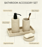 Ensemble de salle de bain élégant en résine à texture pierre, distributeur de savon, brosse de toilette