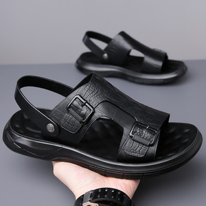 รองเท้าแตะหนังแบบเปิดนิ้วเท้าสำหรับผู้ชาย พื้นหนา รองเท้าลำลองชายหาด สวมใส่สบาย สีน้ำตาล สีดำ สีพื้น - Product Image 2