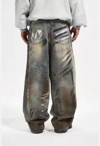 Plus-size American high street graffiti hand-painted destruction to do old washed jeans <b>men</b> with loose wide-leg mop <b>pants</b> <b>men</b> - Product Image 3