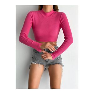 Women's Long Sleeve <b>Crop</b> <b>Top</b> Ribbed Knit High Neck Pink Stretchy Casual Wear - Product Image 1