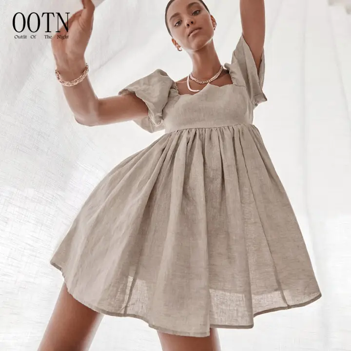 Aachootn — robe courte kaki à col carré pour femmes, vêtement Vintage décontracté, manches bouffantes, ligne A, en coton et lin, été, 2022