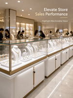 Vitrines de présentation de bijoux de luxe modernes personnalisées, écologiques, robustes, en acier inoxydable doré, avec éclairage LED et sécurité en verre