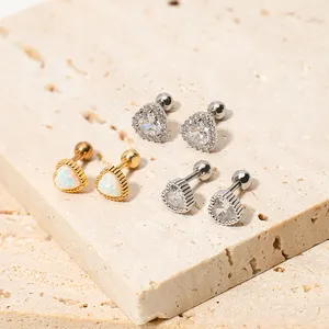 Dainty Peach Heart Stainless Steel Small Bezel Setting White Piercing Earring Bone Studs Women Body Jewelry